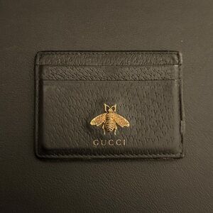 Gucci Black Card Holder with Gold Bee Accent